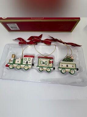 Spode Ceramic Holiday Train Ornaments in Green, Red, Gold